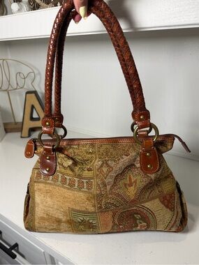 Fossil Tapestry Paisley Shoulder Bag Brown Leather Boho Y2K Purse